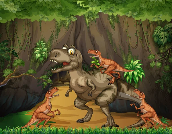 T-Rex борется с хищниками в лесу — стоковый вектор