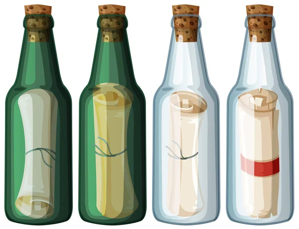 Cztery szklane butelki z wiadomości — Wektor stockowy