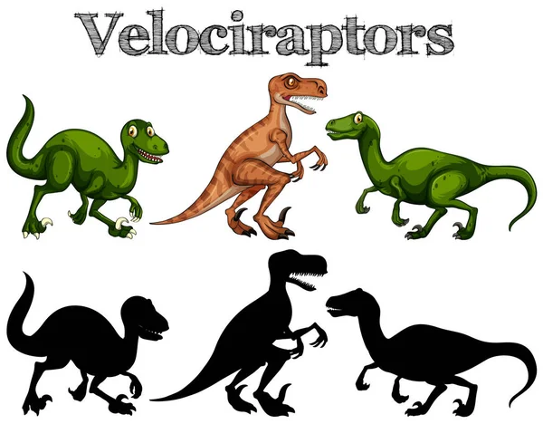 Velociraptors och silhuetter på vit bakgrund — Stock vektor