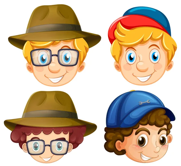 Quatro rostos de meninos usando chapéus — Vetor de Stock
