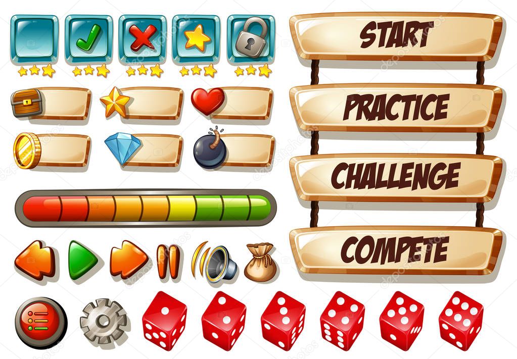 Game elements with dices and other icons