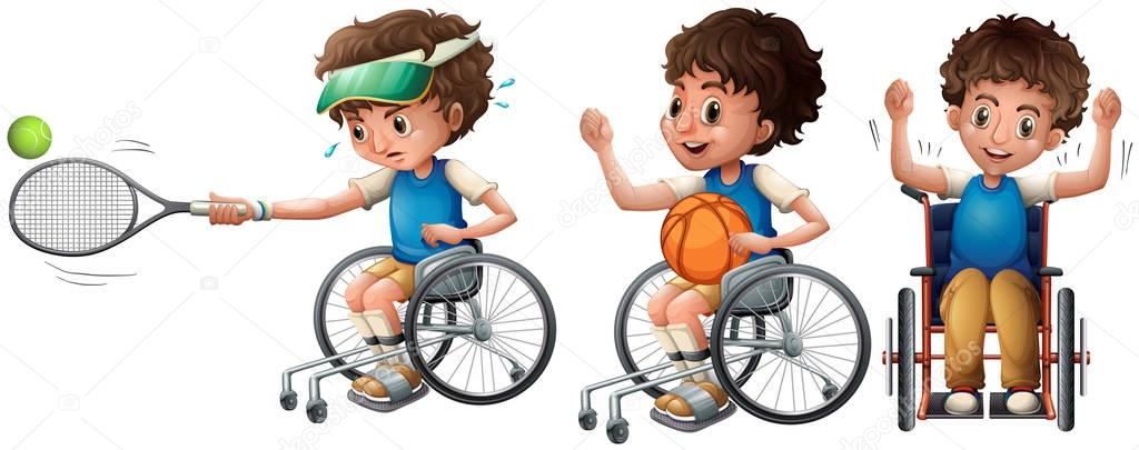 Boy in wheelchair playing tennis and basketball