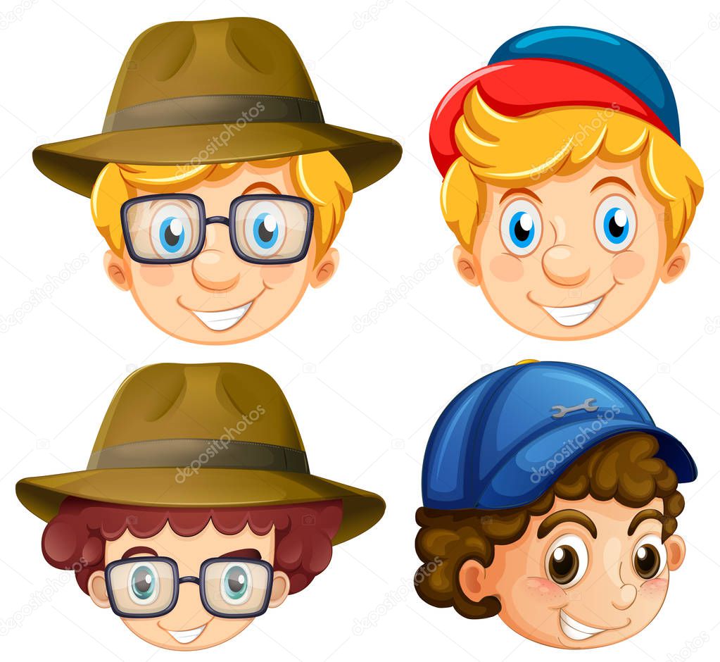 Four faces of boys wearing hats