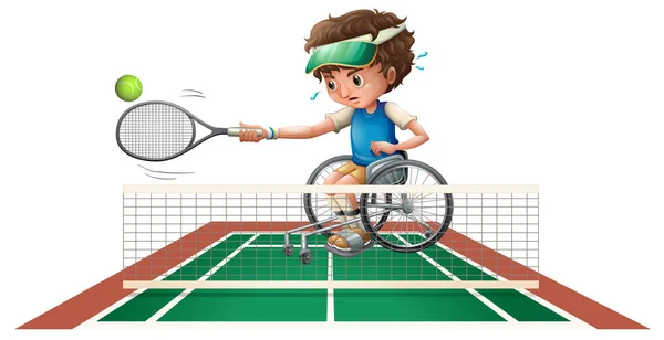 Junge im Rollstuhl spielt Tennis — Stockvektor