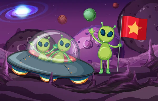 Extraterrestres en OVNI explorando el espacio — Vector de stock