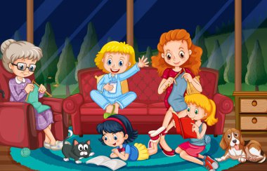 İnsanlar aile oturma odasında farklı şeyler yapma