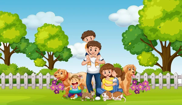 Familia feliz y mascotas en el parque — Vector de stock