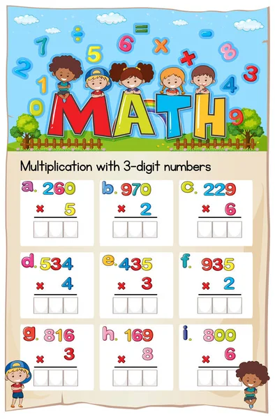 Math worksheet for multiplication with three digit numbers — Stock Vector