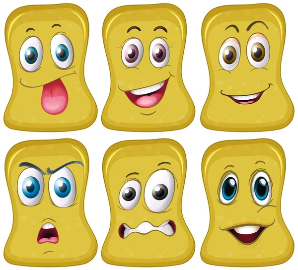 Six different faces on yellow shape — Stock Vector