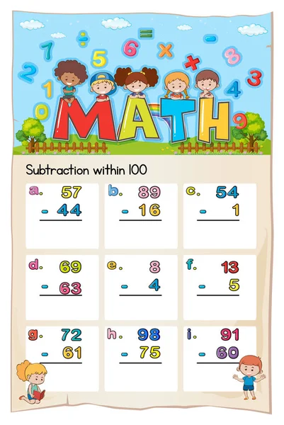 Math worksheet for subtraction within hundred — Stock Vector