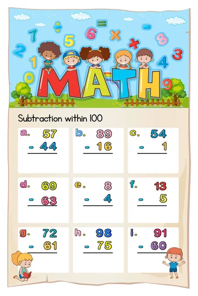 Matematik kalkylblad för subtraktion inom hundra — Stock vektor