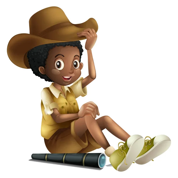 Niño afroamericano en traje de safari con telescopio — Vector de stock
