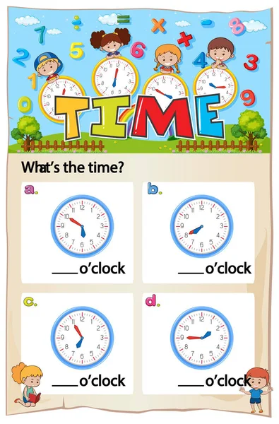 Worksheet for telling time — Stock Vector