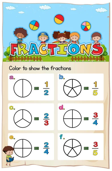 Modèle de feuille de calcul mathématique pour colorer la fraction — Image vectorielle