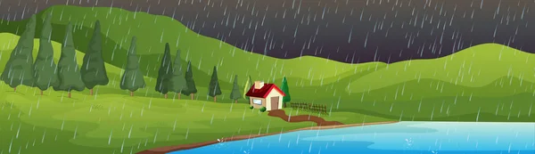 Scène de fond avec maison au bord du lac sous la pluie — Image vectorielle