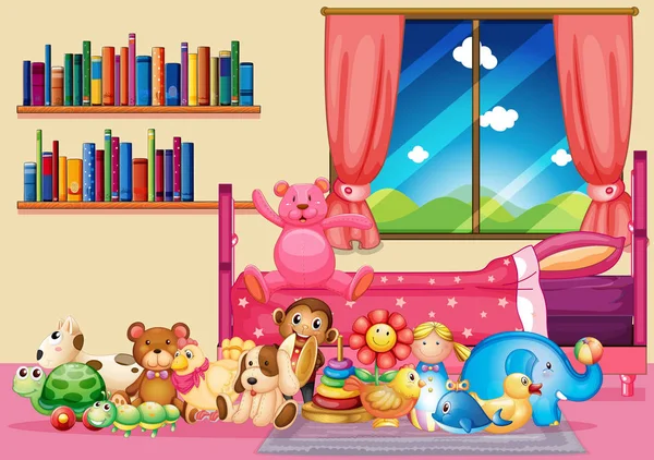 Many toys and books in bedroom — Stock Vector