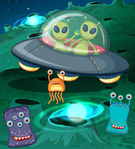 Aliens in UFO in outer space — Stock Vector