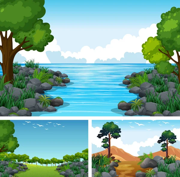 Tres escenas con lago y bosque — Vector de stock
