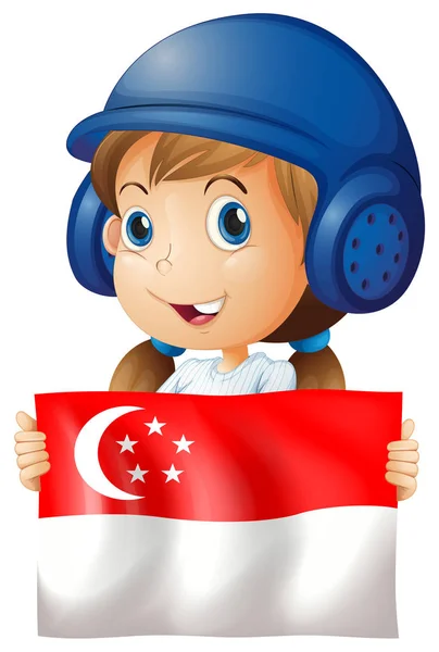 Gelukkig meisje en vlag van Singapore — Stockvector