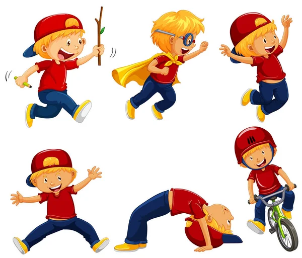 Αγόρι με κόκκινο πουκάμισο κάνει διάφορες δράσεις — Διανυσματικό Αρχείο