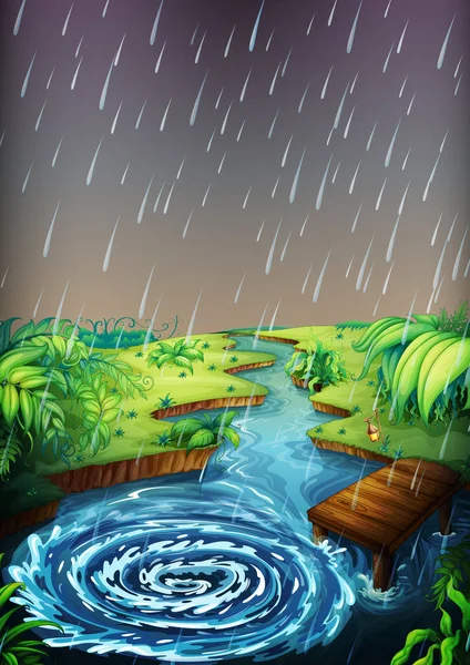 River scene with rain falling — Stock Vector