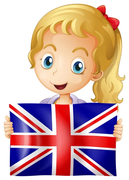 Mutlu kız İngiltere bayrağı tutarak — Stok Vektör