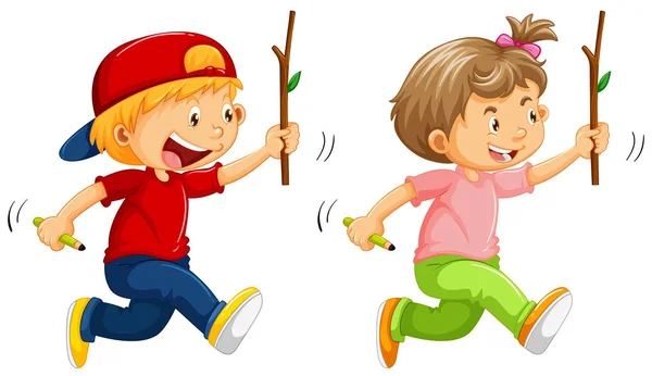 男孩和女孩用木棍子 — 图库矢量图片