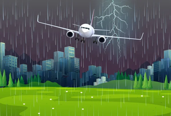 Avião voando na chuva — Vetor de Stock