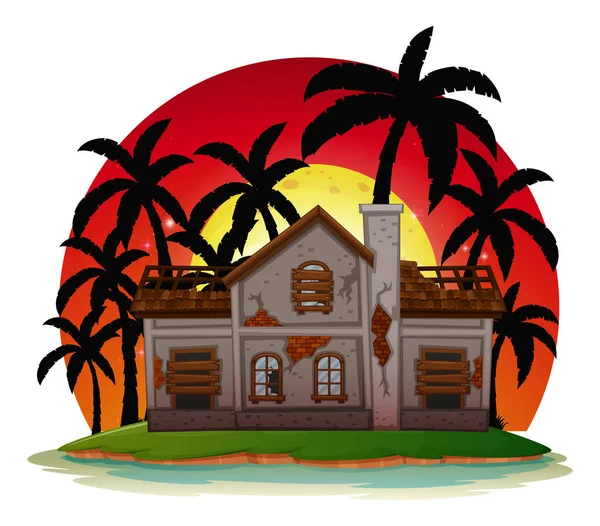 Spookhuis op eiland bij zonsondergang — Stockvector