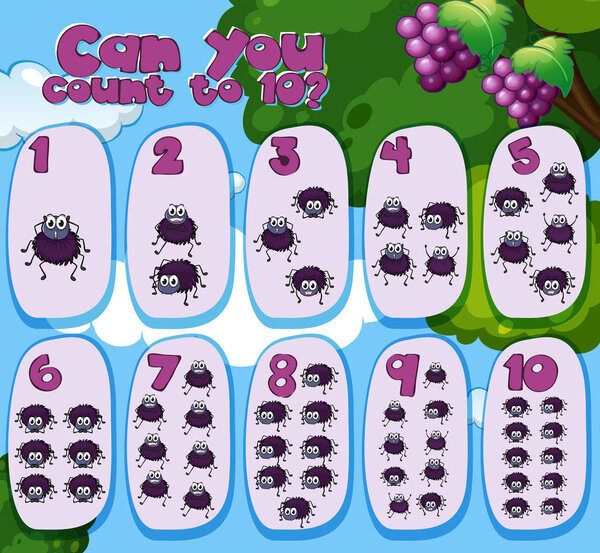 Математический лист со счетом до десяти с пауками
