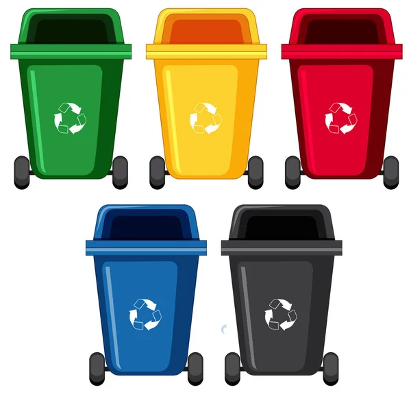 Kosze na śmieci w pięciu różnych kolorach — Wektor stockowy