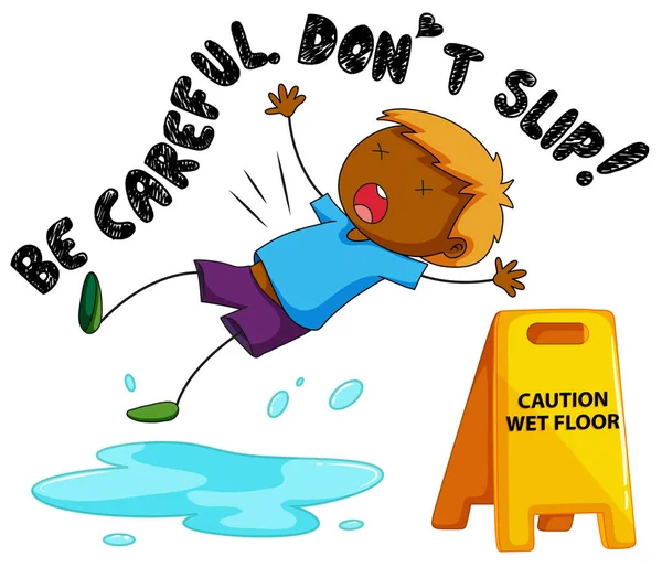 Óvatosság jele a nedves padló alá tartozó fiú — Stock Vector