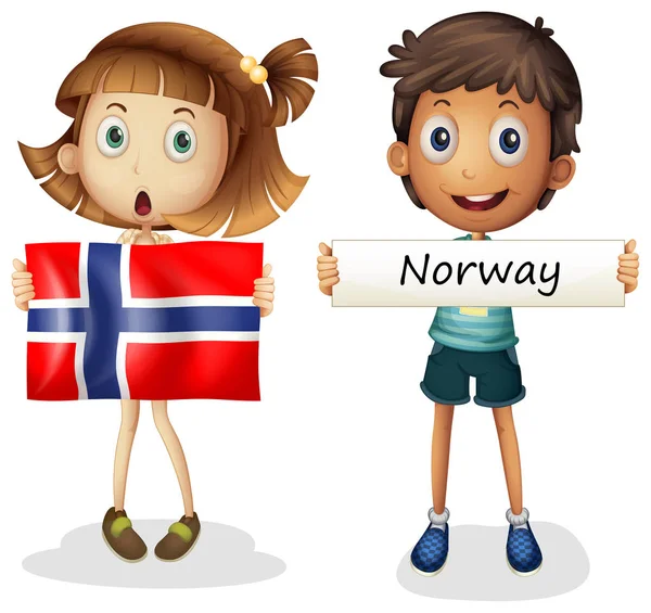 Niño y niña con bandera de Noruega — Vector de stock