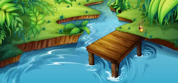 Scène de fond avec petite jetée au bord de la rivière — Image vectorielle