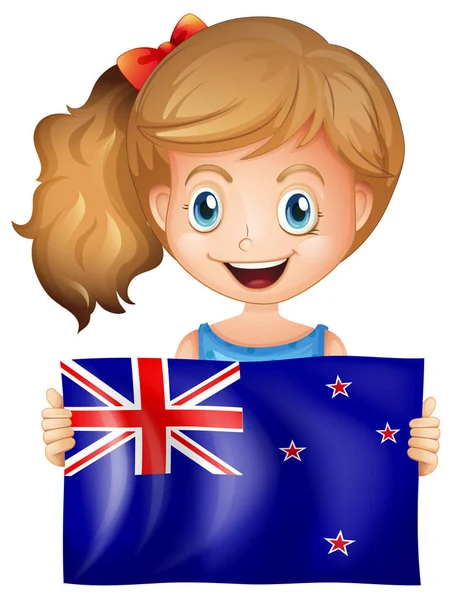Menina feliz com bandeira da Nova Zelândia — Vetor de Stock