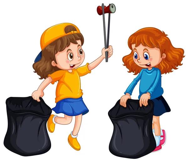 Two girls picking up trash — Stock Vector