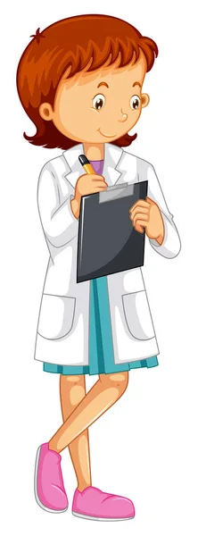 Woman in white coat writing on board — Stock Vector