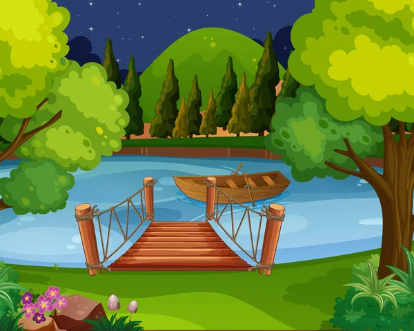 Achtergrond scène met boot drijvend op de rivier — Stockvector