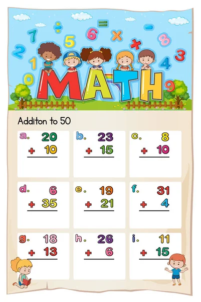 Plantilla de hoja de cálculo matemática para agregar cincuenta — Vector de stock