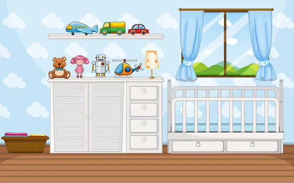 Bedroom scene with white babycrip — Stock Vector