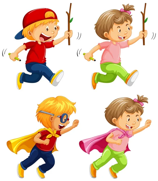 Niños jugando y corriendo sobre fondo blanco — Vector de stock