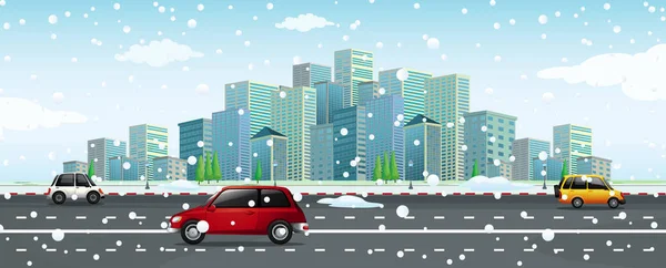 Város jelenet hó hullott az úton — Stock Vector