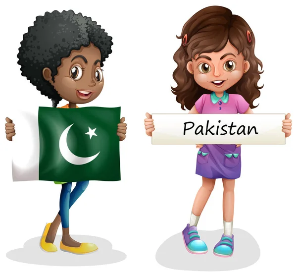 Duas meninas com bandeira de Paquistão —  Vetores de Stock