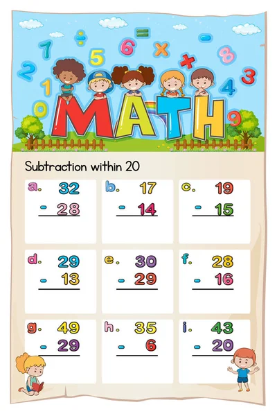 Math förslagsmall för subtraktion inom tjugo — Stock vektor