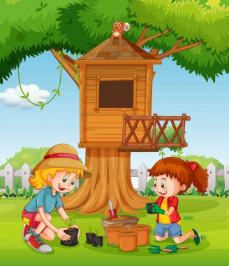 Ağaç ev yanındaki dikim kızlar