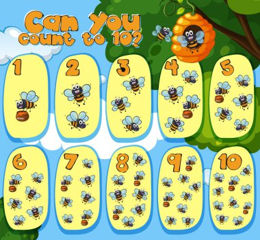 Mathematics Counting Bees 1 to 10 clipart