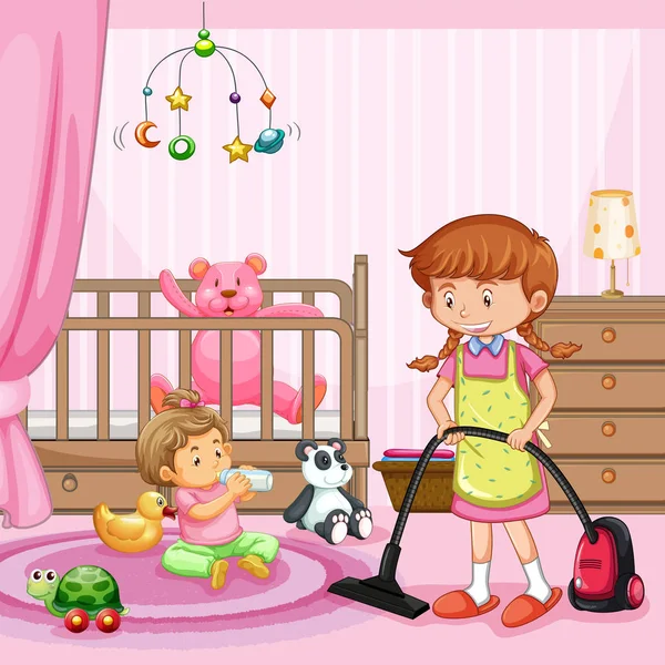 赤ちゃんの部屋を掃除する母親 — ストックベクタ
