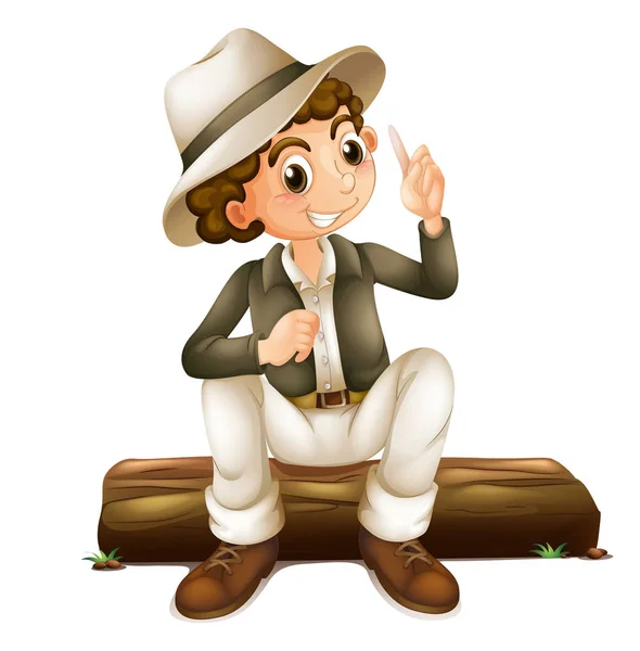 Man in safari outfit sitting on log — Stock Vector