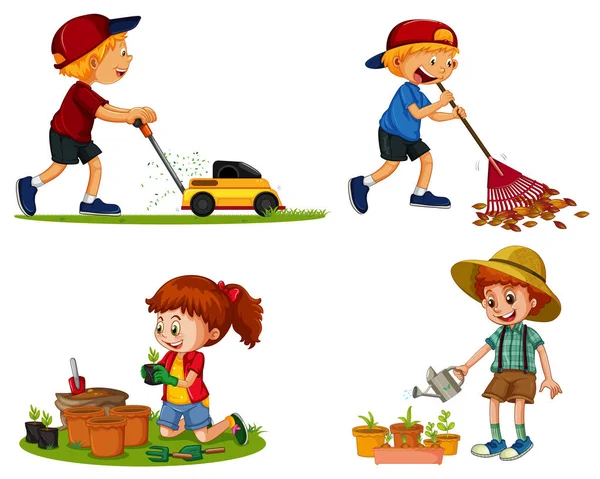 Boys and girl do different gardening works — Stock Vector