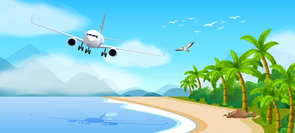 Tema de verão com avião voando sobre o mar — Vetor de Stock